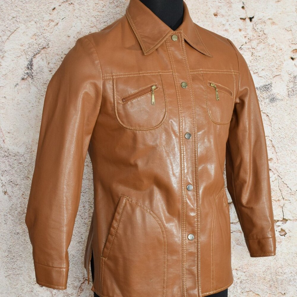 Vintage 80's Brown FINGERHUT FASHIONS Faux Leather Snap Button Jacket - 16